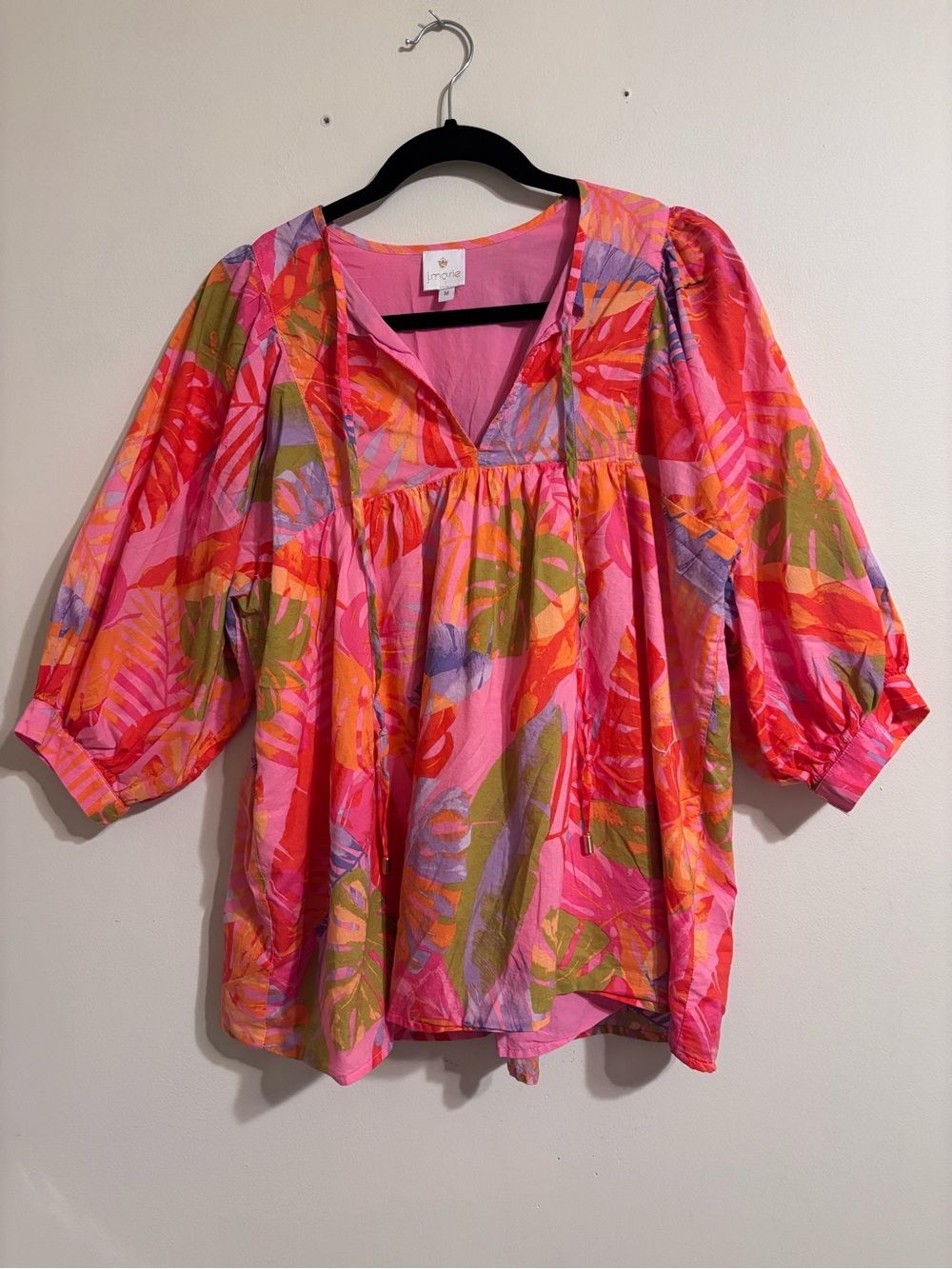 J. Marie Collections Eden 3/4 Puff Sleeve V-Neck Tie Tunic Blouse Size M